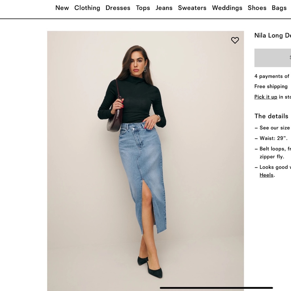 Reformation Denim Midi Skirt with Front Slit - Light Blue